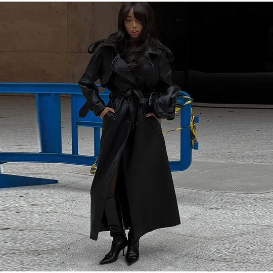 Damen Oversized Kunstleder-Trenchcoat mit hohem Kragen und abnehmbaren Gürtel EB