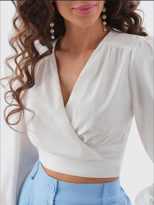 Damen Viskose Wrap-Bluse mit Puffärmel und tiefem V-Ausschnitt EB