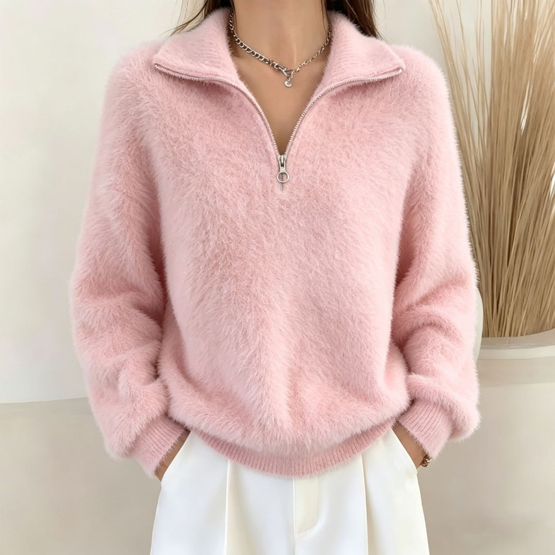 Damen Flauschiger Halbzipp-Pullover mit Stehkragen EB