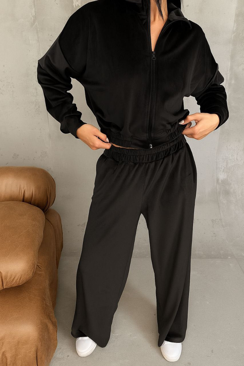 Damen Samt-Loungewear-Set mit kurzem Reißverschluss und geraffter Taillenpartie EB