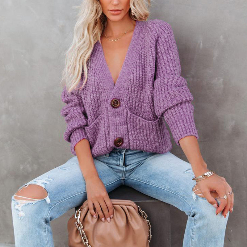 Damen Grobstrickjacke mit V-Ausschnitt und Taschen EB