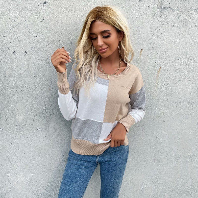 Damen Gemusterter Sweatpullover mit Farbblockdesign und Rundhalsausschnitt EB
