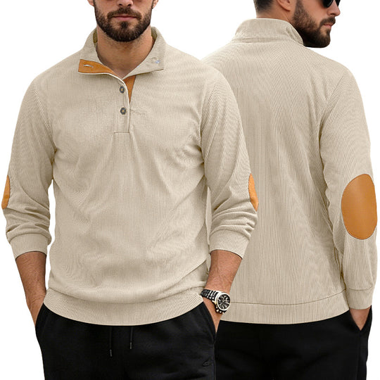 Herren nan lässiger Strukturpullover mit Polokragen, kurzer Knopfleiste und veganen Lederbesätzen EB