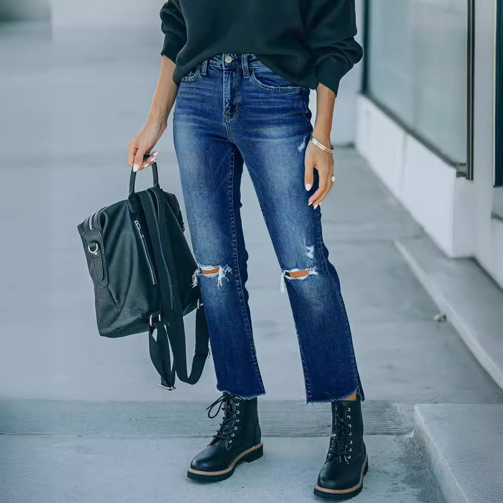 Damen Ripped High-Waist Jeans im trendigen Vintage-Stil EB