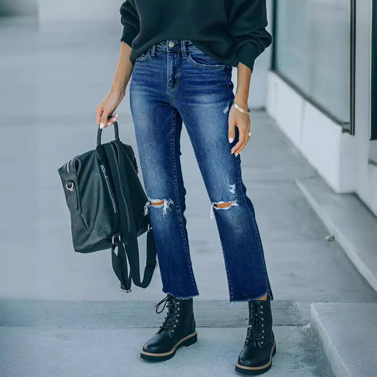 Damen Ripped High-Waist Jeans im trendigen Vintage-Stil EB