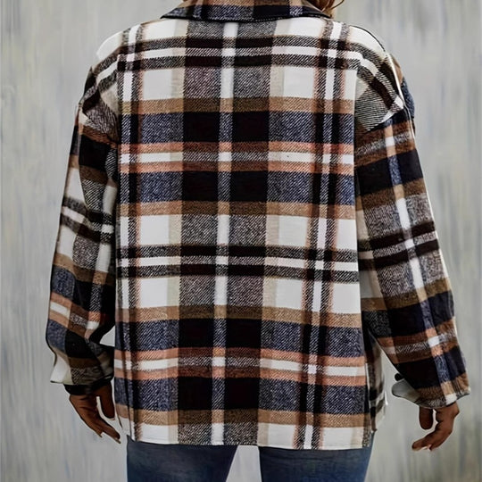 Damen karierte Flanelljacke mit Taschen und geschmackvoller Knopfleiste EB