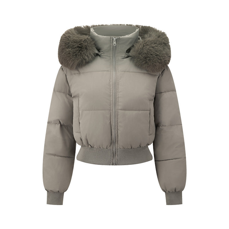 Damen nan kurzer gesteppter Kapuzenblouson mit Webpelzblende und geripptem Saum EB