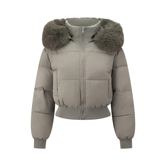 Damen nan kurzer gesteppter Kapuzenblouson mit Webpelzblende und geripptem Saum EB