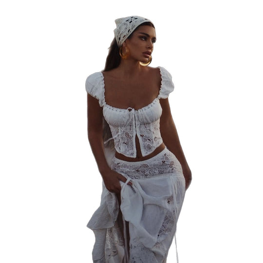 Damen Spitzen Crop-Top mit Puffärmeln EB
