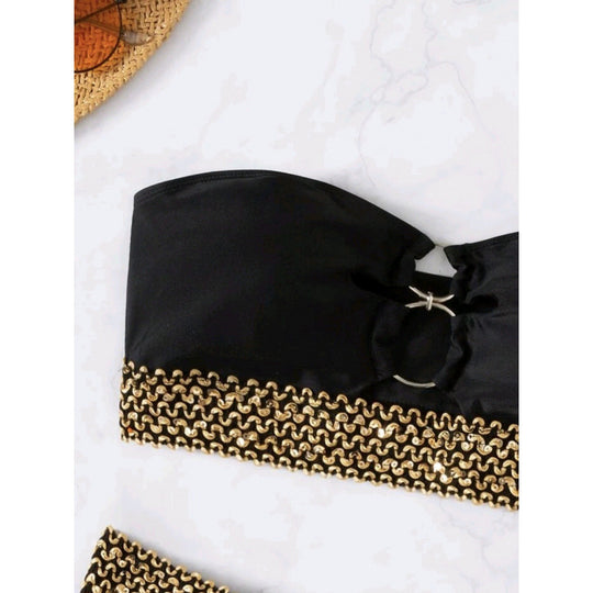 Damen Bandeau-Bikini mit goldenen Akzenten und hohem Taillenschnitt EB