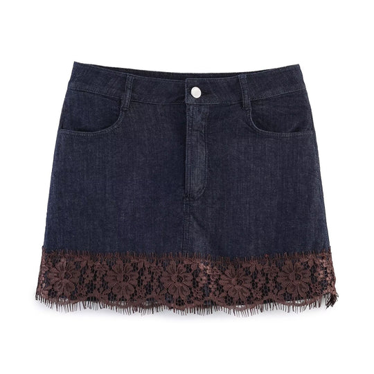 Damen Jeansrock mit exquisiter Spitze und fransigem Saum EB