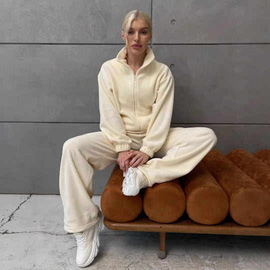 Damen Komfortables Fleece-Loungewear-Set mit kurzem Zip-Top und weiter High-Waist-Hose EB