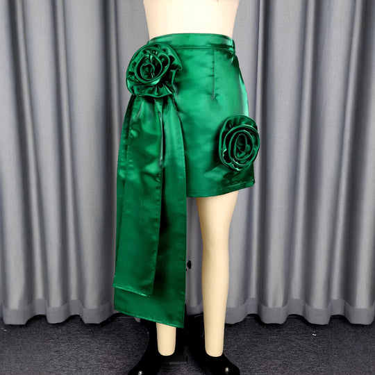 Damen Satinrock mit floralem Rüschen-Design und taillierter Schleife EB