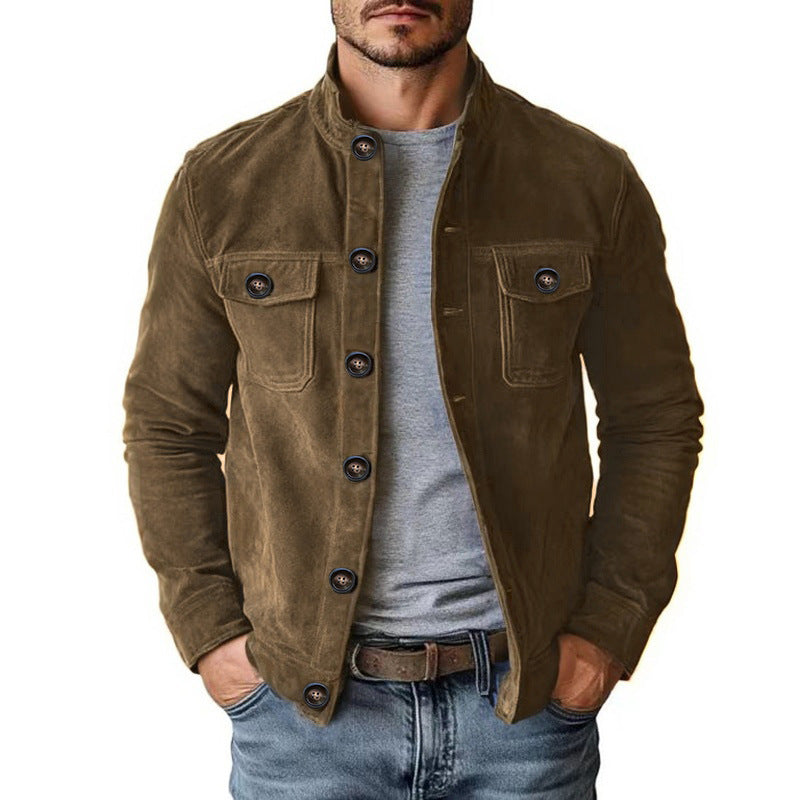 Herren nan klassische Velourslederjacke mit Stehkragen, Knopfleiste und aufgesetzten Brusttaschen EB