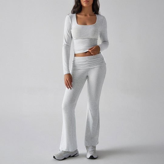 Damen nan figurbetontes Cropped-Set mit langärmeligem Top mit quadratischem Ausschnitt und ausgestellter High‑Waist Yoga-Hose EB