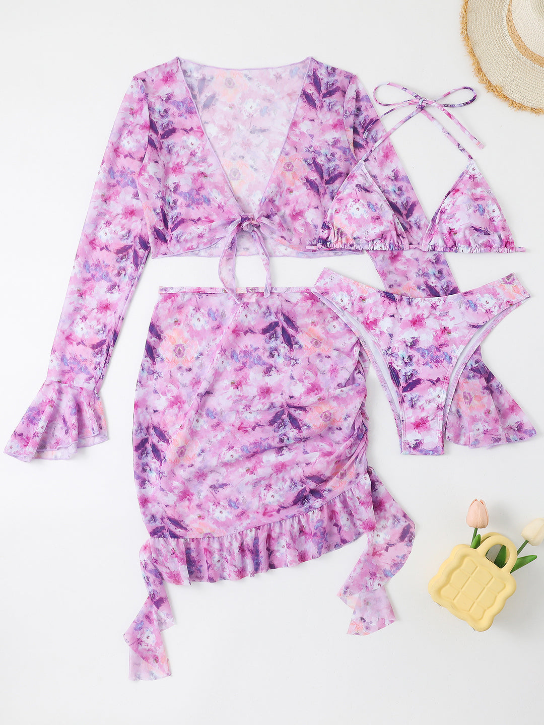 Damen Badeset mit floralem Design, kurzem Oberteil und Wickelrock EB