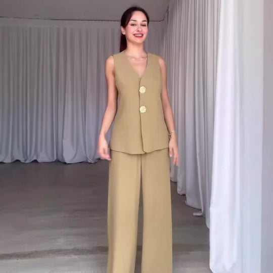 Damen Ärmelloses Tailoring-Set mit taillierter Weste, Zierknöpfen und weiter Palazzo-Hose EB