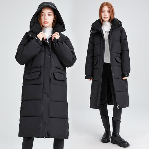 Damen Lange isolierte Winterjacke mit Kapuze und einzippbarem Kragen EB