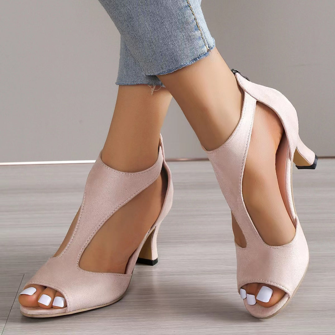Damen Peeptoe-Sandaletten mit T-Riemen, Reißverschluss hinten und mittelhohem geschwungenem Absatz EB
