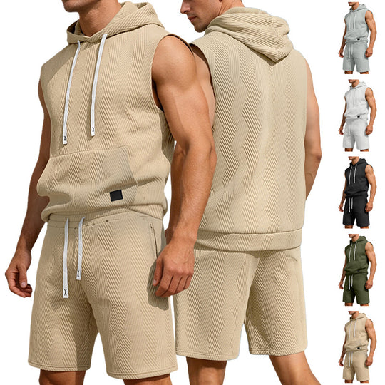 Herren nan ärmelloses Kapuzen-Lounge-Set aus strukturierter Baumwollmischung mit Kängurutasche und elastischer Freizeithose EB