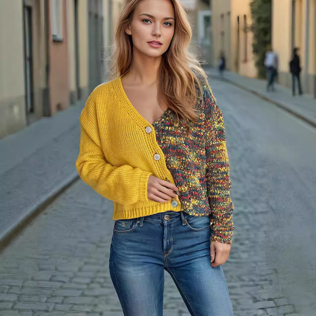 Damen lässige Strickjacke mit farbenfrohen Akzenten und Knopfdetails EB