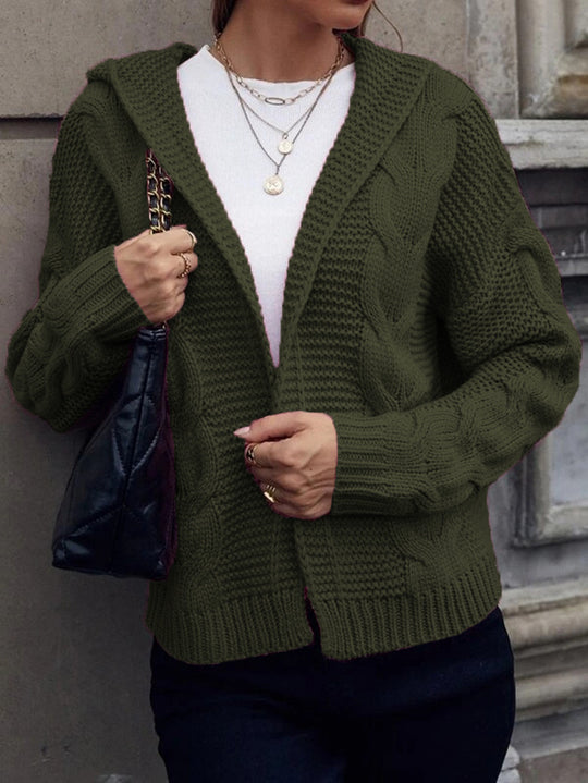 Damen Grobstrickjacke mit Kapuze und aufwendigem Zopfmuster EB