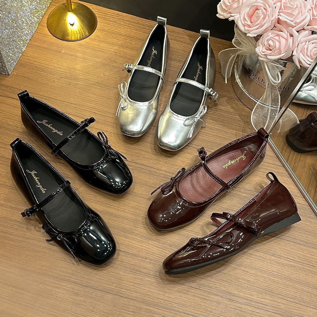 Damen Ballerina-Schuhe mit eleganter Schleifenverzierung und glänzender Oberfläche EB