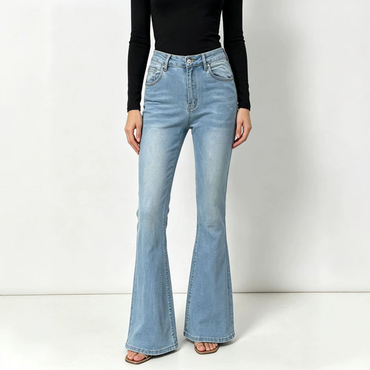 Damen nan hochgeschnittene Jeans mit schmaler Hüftpartie und weitem Schlag mit elastischem Bund EB