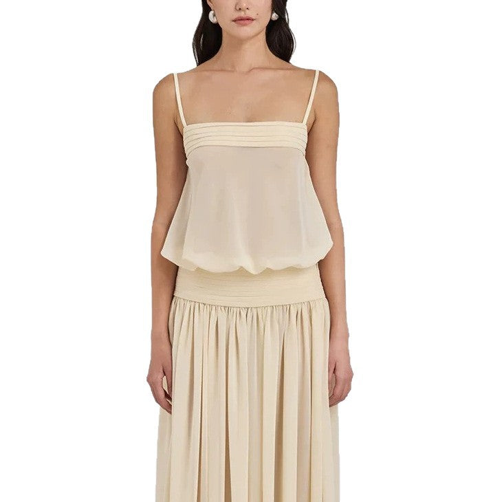 Damen Maxi-Kleid mit fließendem Chiffon-Oberteil und elastischem Bund EB