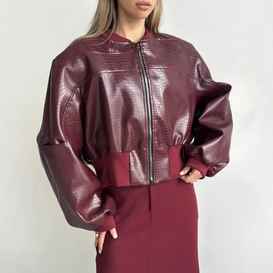 Damen trendige cropped Kunstlederjacke mit voluminösen Ärmeln EB