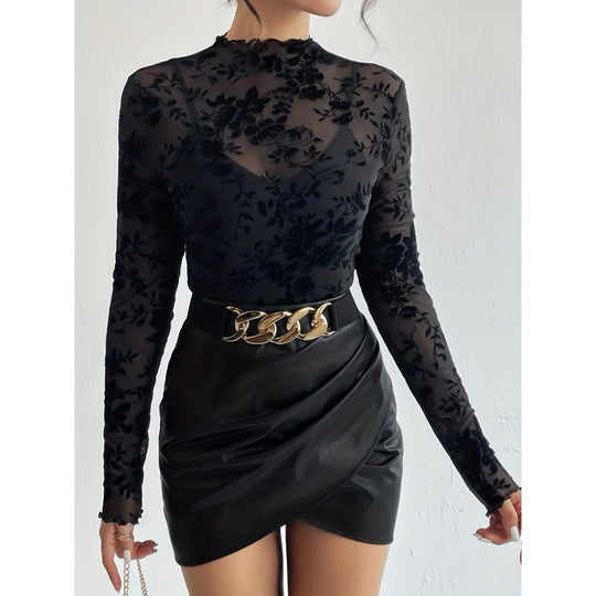 Damen Langarmshirt mit floralem Chiffon und transparenten Details EB