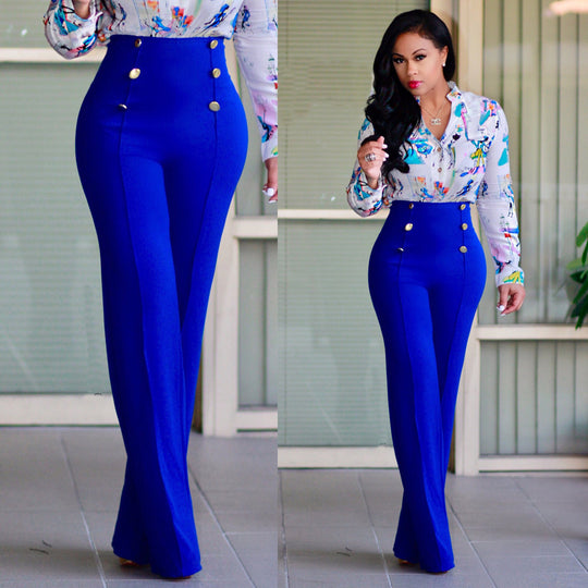 Damen hochtaillierte Palazzo-Hose mit dekorativen Knopfdetails EB