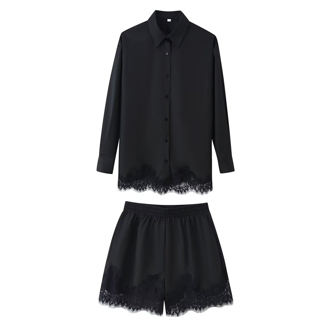 Damen nan zweiteiliges Satin-Pyjama-Set mit Hemdbluse, Gummibund-Shorts und Spitzenbesatz EB