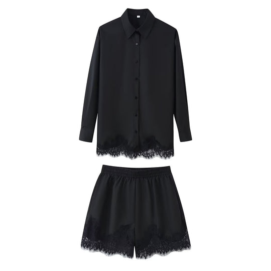 Damen nan zweiteiliges Satin-Pyjama-Set mit Hemdbluse, Gummibund-Shorts und Spitzenbesatz EB