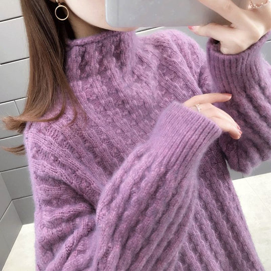 Damen Strickpullover im modernen Rippdesign mit hohem Kragen und lässigen Ärmeln EB
