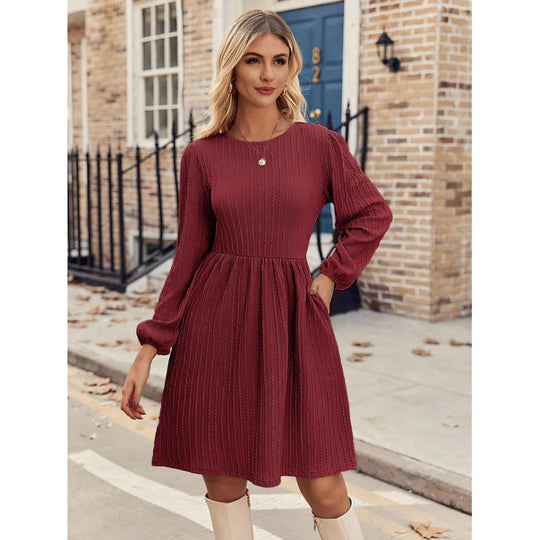 Damen Casual Langarm Plissee Kleid EB