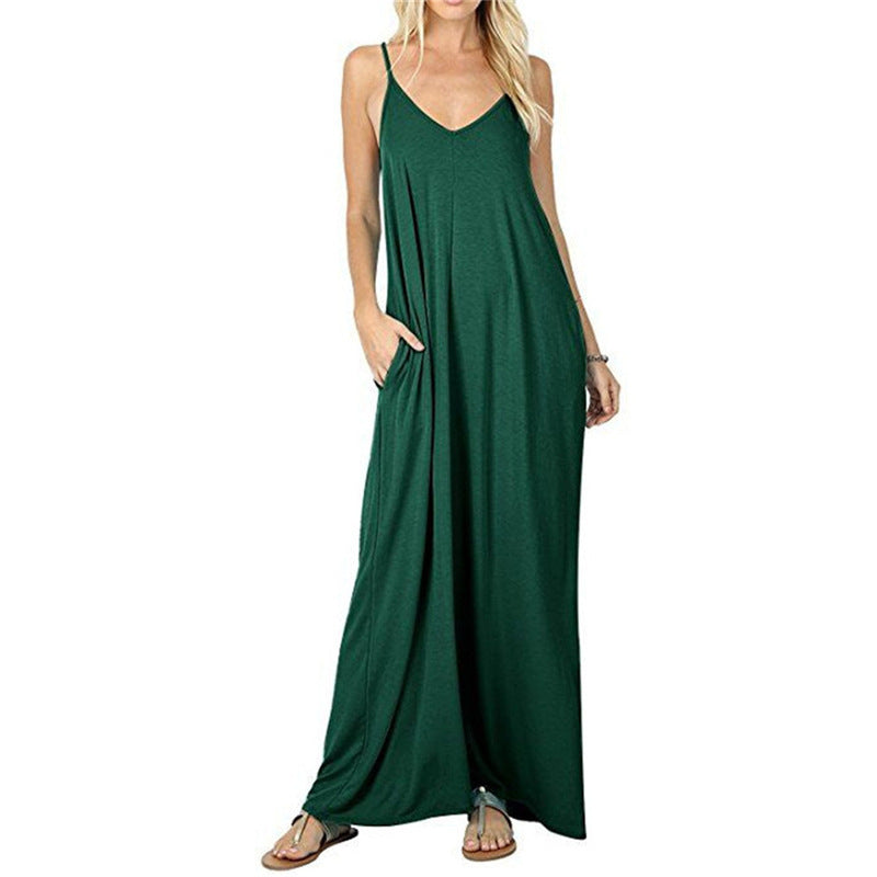 Damen Maxikleid mit spaghettiträgern und praktischen seitlichen Taschen EB