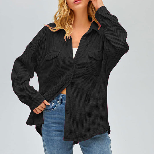 Damen nan oversized Waffelstrick Hemdjacke mit Brusttaschen und Knopfleiste EB