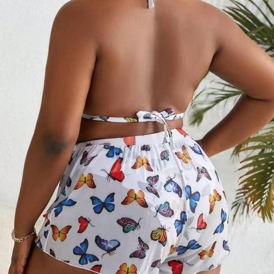 Damen Bikiniset mit modischen Shorts und buntem Schmetterlingsdesign EB