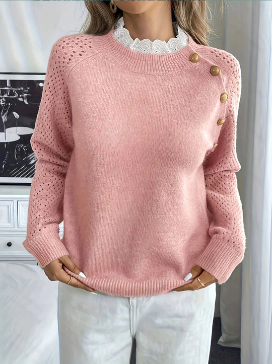 Damen Strickpullover mit dekorativen Knopfdetails und Lochmuster EB