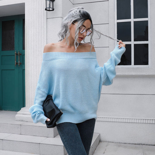Damen Off-Shoulder Strickpullover mit lässigem Schnitt und voluminösen Ärmeln EB