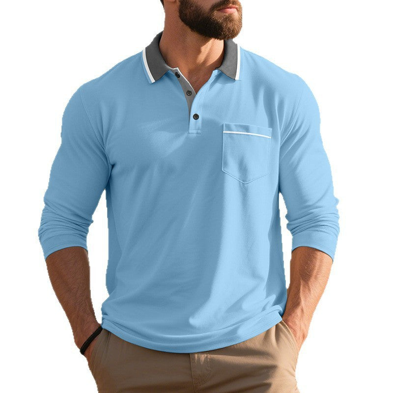 Herren nan langärmeliges Polohemd mit Kontrastkragen, Brusttasche und feinem Baumwollstretch EB