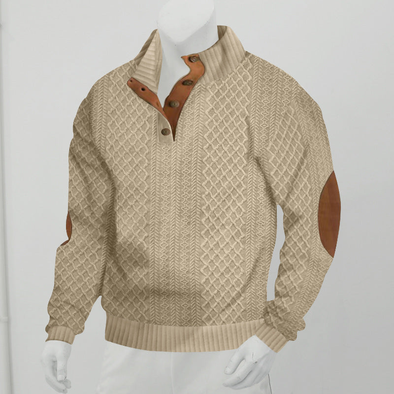 Herren Strukturiertes Zopfmuster-Henley-Pullover mit Lederbesatz an Ellbogen & Knopfleiste EB