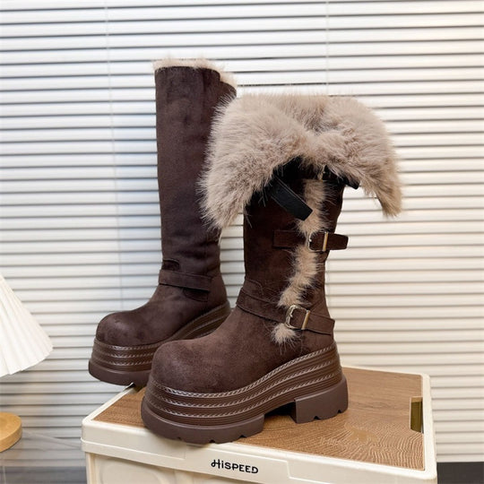 Damen Fleecegefütterte Winterstiefel mit modischen Schnallen und platform Sohle EB