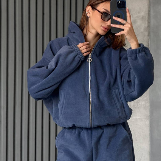 Damen Plüsch-Loungewear-Set mit Reißverschluss-Kapuzenjacke und taillenhoher Jogginghose EB