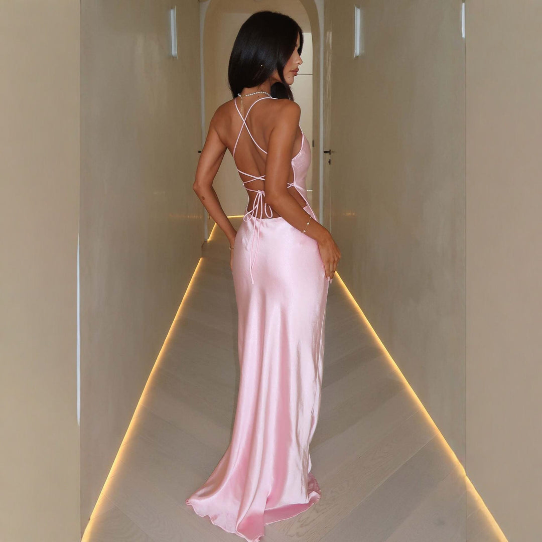 Damen Elegantes Satinabendkleid mit spaghettiträgern und fließendem Schnitt EB
