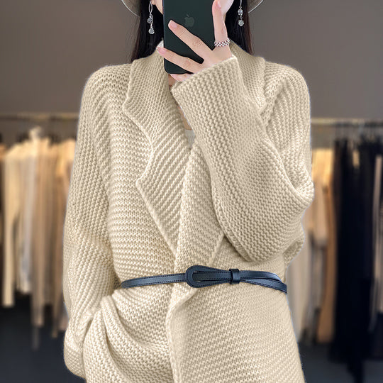 Damen Grobstrick Cardigan mit eleganten Revers und Taillengürtel EB
