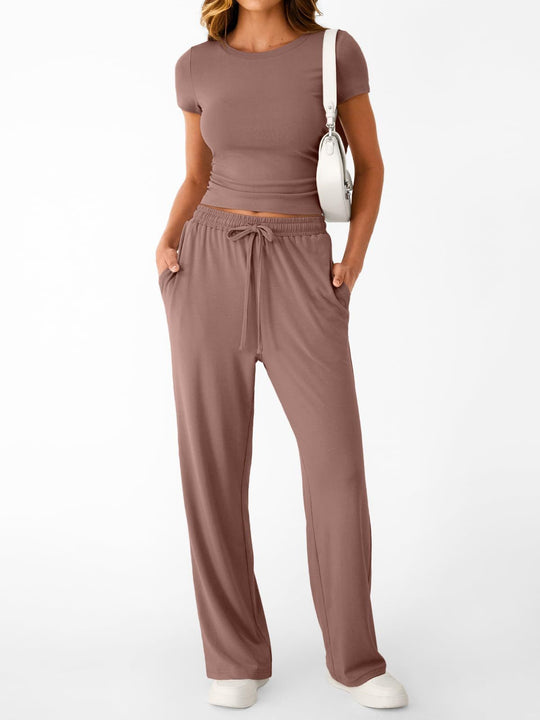 Damen lässiger Freizeitanzug mit kurzen Ärmel und weiten Hosen EB