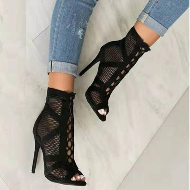 Damen Peeptoe Ankle Boots mit hochmodernem Netzdesign und elegantem Blockabsatz EB
