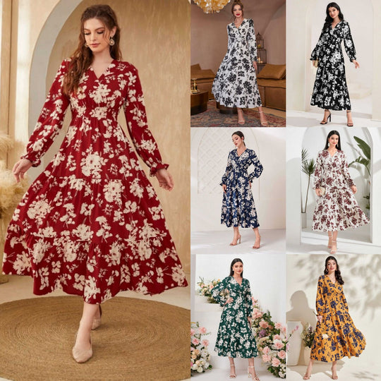 Damen Elegantes Maxikleid mit floralen Details und V-Ausschnitt EB
